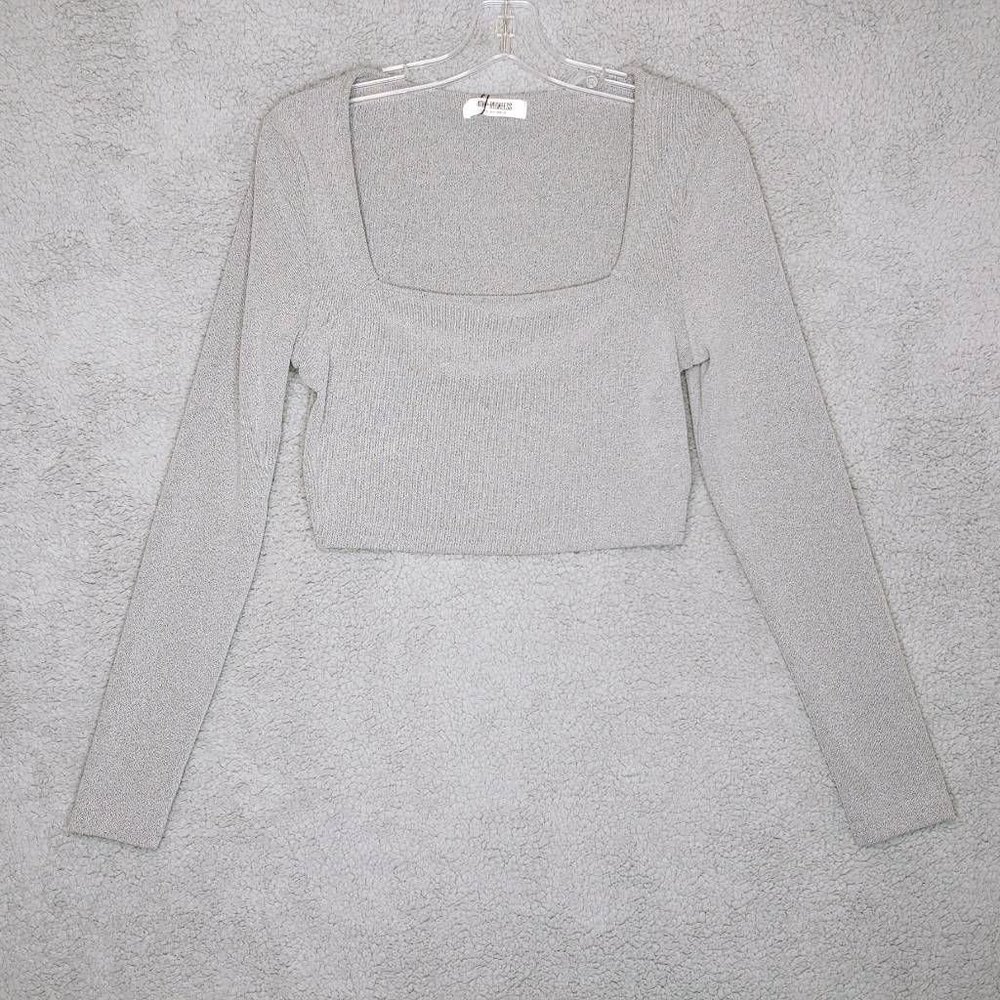 4th & Reckless Womens Crop Top Gray Heathered Long Sleeve Stretch Blouse L New
